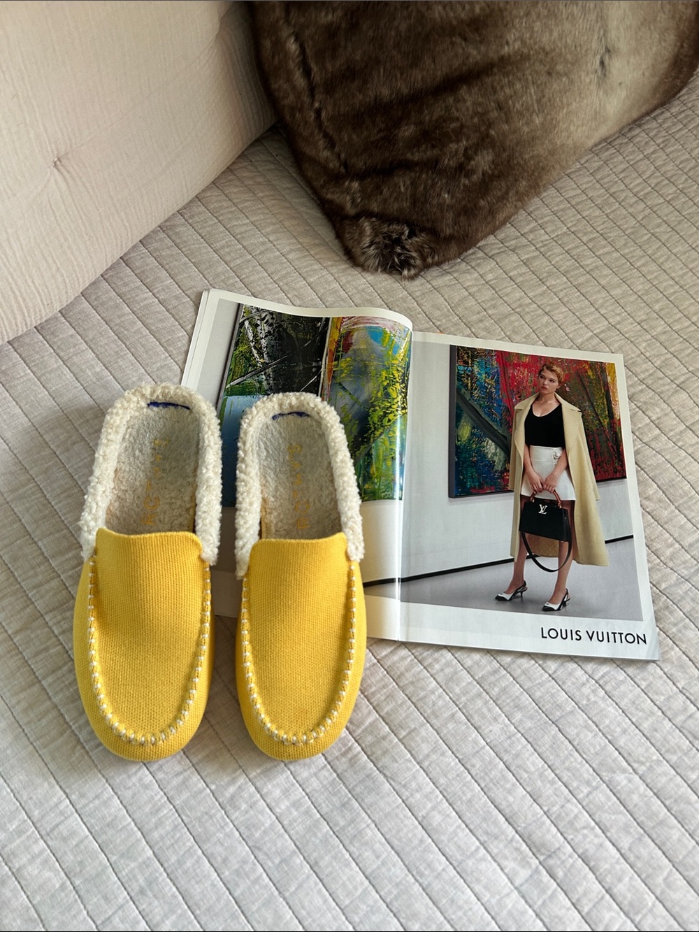 Rothy’s Scuff Sherpa lined wool mule Slippers in Popcorn yellow 8 washable